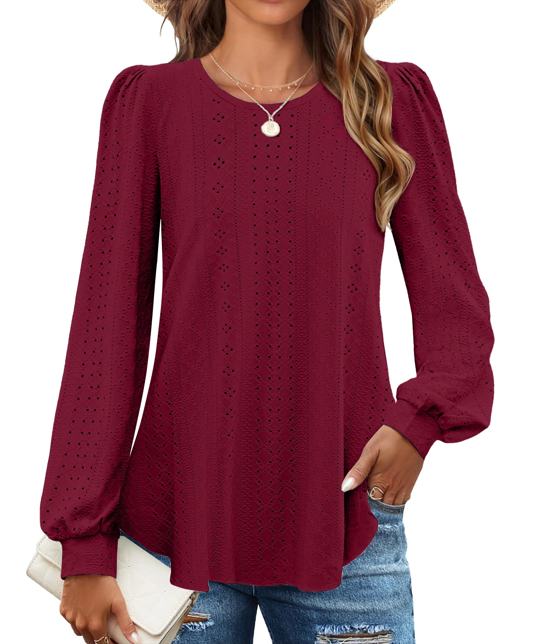 Fantaslook Eyelet Blouses for Women Dressy Casual Long Sleeve Shirts Crew Neck Fall Trendy Tops - Walmart.com | Walmart (US)