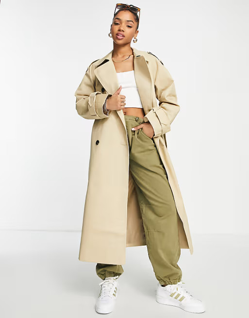 ASOS DESIGN longline trench coat in stone | ASOS (Global)