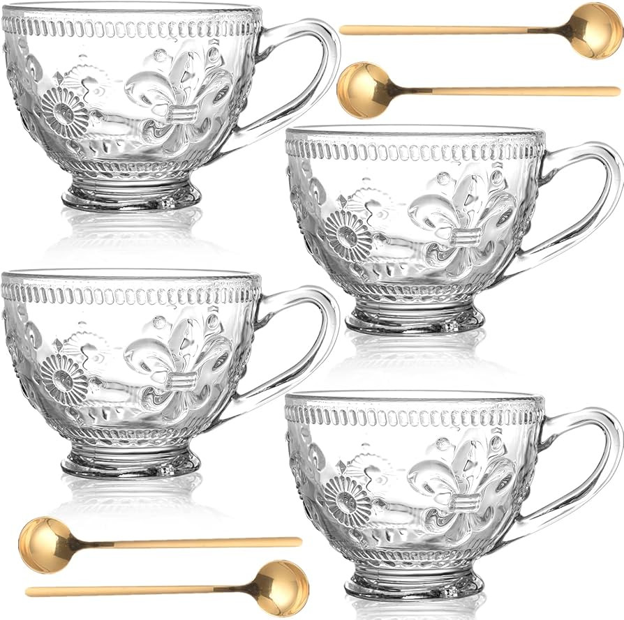 Peohud 4 Pack Glass Coffee Mugs, 14 Oz Vintage Latte Cups with Spoons, Clear Embossed Tea Cups Ju... | Amazon (US)