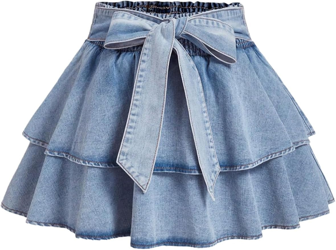 Women's Plus Size Denim Mini Skirt Y2k Bow Tie Knot Ruffle Tiered Short Jean Skirts | Amazon (US)