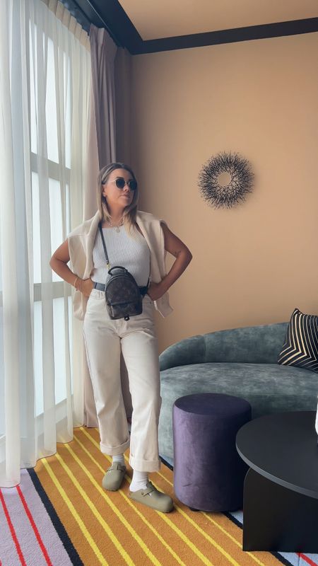 Cream outfit wearing my favourite weekday rowe jeans in ecru straight leg denim and birkenstock bostons in vegan khaki - always sold out and I can see why! 

#LTKunder50 #LTKstyletip #LTKtravel