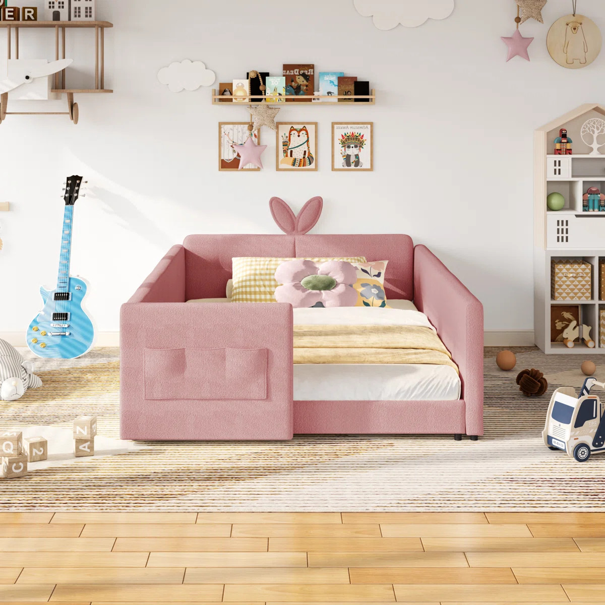 Full  Size Upholstered Platform Bed With Cute Rabbit Ear Shaped Headboard, Safety Rail, And Conve... | Wayfair North America