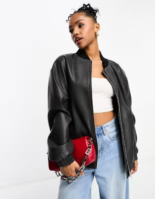 Pull&Bear faux leather oversized bomber jacket in black | ASOS (Global)