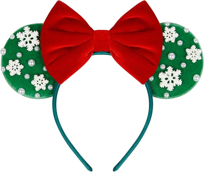 Christmas Mouse Ears Headbands for Women Velvet Mouse ear Headband Pearl Snowflakes Hair Accessor... | Amazon (US)