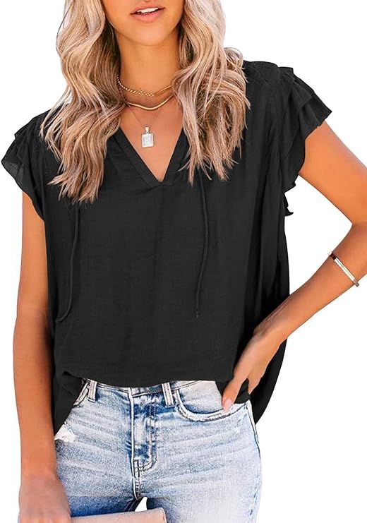 DOROSE Womens V Neck Ruffle Tops Casual Sleeveless Shirts Tank Top | Amazon (US)