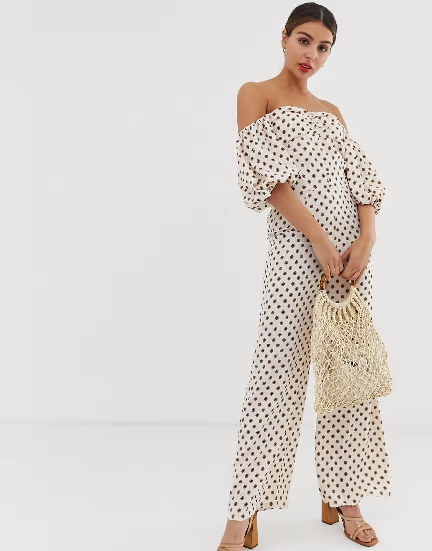 Glamorous jumpsuit with puff sleeves in floral spot print-Cream | ASOS (Global)