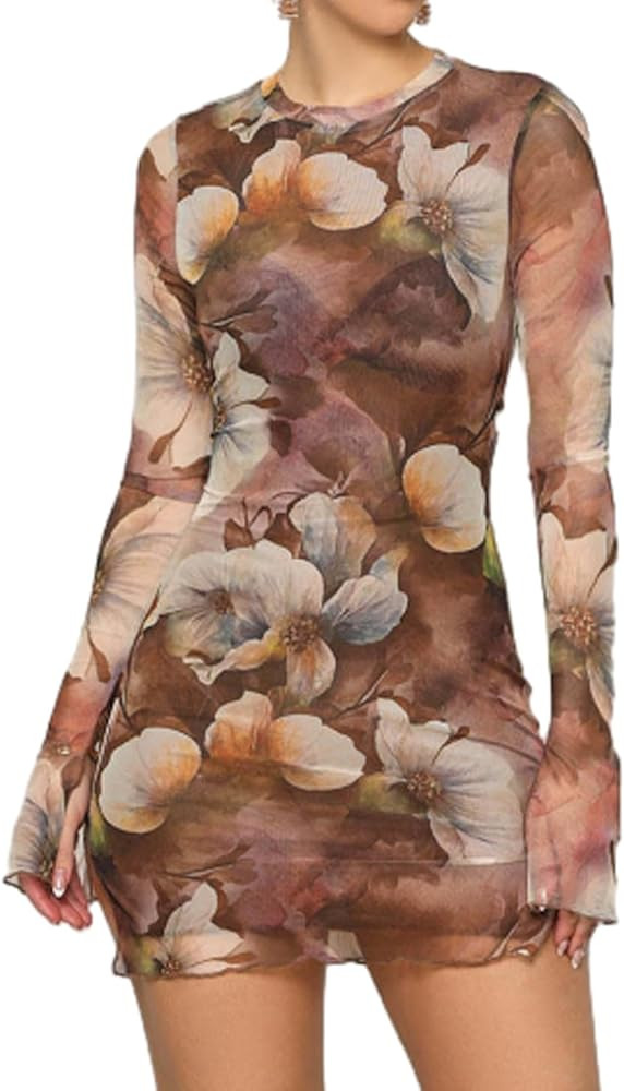 Fastkoala Women’s Floral Tie Dye Sheer Mesh Mini Dress Mock Neck Split Bodycon Flared Long Slee... | Amazon (US)
