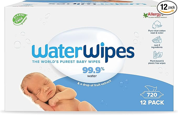 WaterWipes Plastic-Free Original Baby Wipes, 99.9% Water Based Wipes, Unscented for Sensitive Ski... | Amazon (UK)