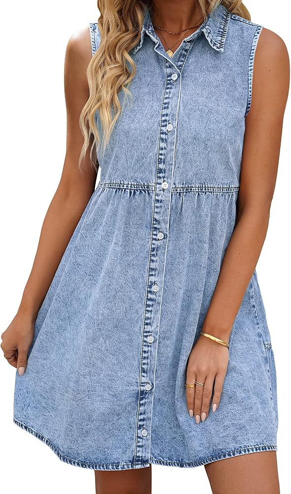 LookbookStore Denim Dress for Women Sleeveless Babydoll Button Down Short Jean Dresses Cute Summe... | Amazon (US)