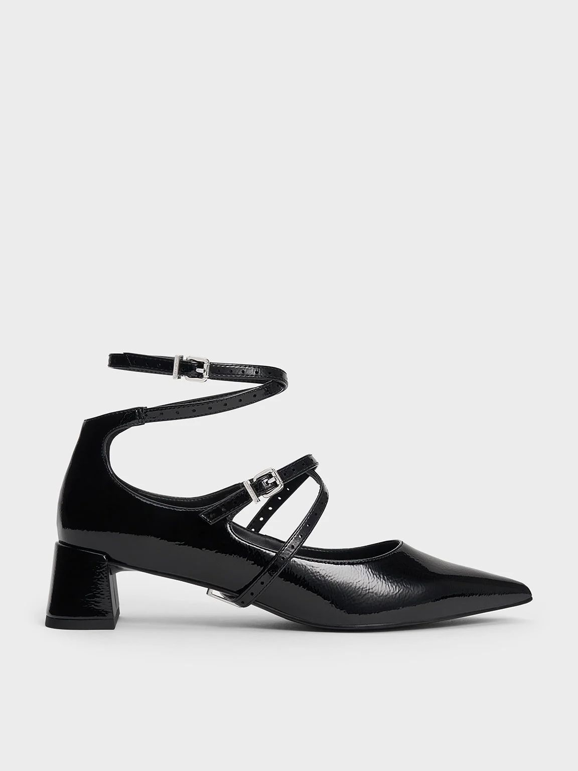 Black Crinkle-Effect Strappy Buckled Pumps | CHARLES & KEITH | Charles & Keith US