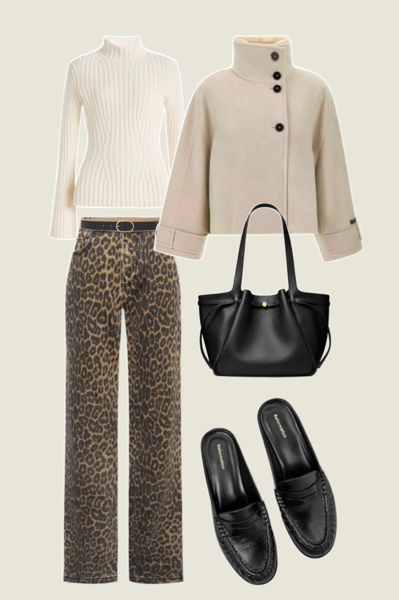 Neutral fall outfit with leopard print pants styled with a cream ribbed turtleneck, cropped wool jacket, black leather loafers, and a structured black tote. Chic everyday outfit idea, classic neutral style, elevated casual look, timeless fall outfit, polished fall wardrobe staples, effortless chic outfit, black loafer outfit 

#LTKSeasonal #LTKootd #LTKFindsUnder100