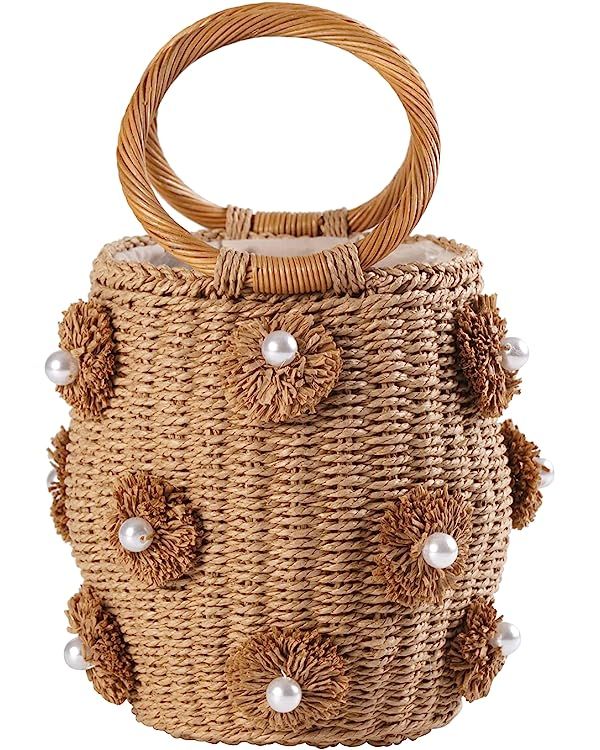 JBRUN Pearl Flower Straw Woven Tote Bag Summer Beach Rattan Handle Bucket Bag Straw Purses and Ha... | Amazon (US)