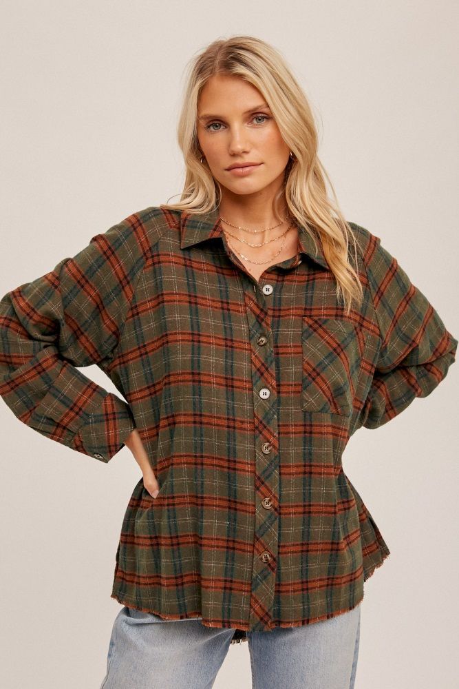 Olive Plaid Button Down Raw Edge Flannel Top | PinkBlush Maternity