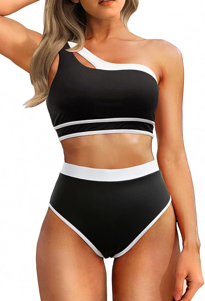 Tempt Me Women One Shoulder High Waisted Bikini Color Block Two Piece Swimsuits Cutout 2 Piece Ba... | Amazon (US)