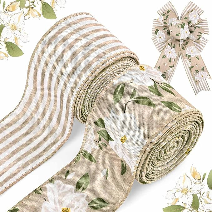 2 Rolls 20 Yards Magnolia Flower Wired Edge Ribbon Spring Flowers Striped Rustic Burlap Ribbon fo... | Amazon (US)