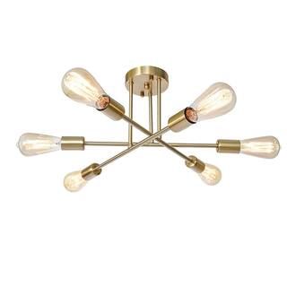 Ceder 18.9 in. 6-Light Brass Sputnik Semi-Flush Mount Sputnik Chandelier Modern Semi Flush Light | The Home Depot