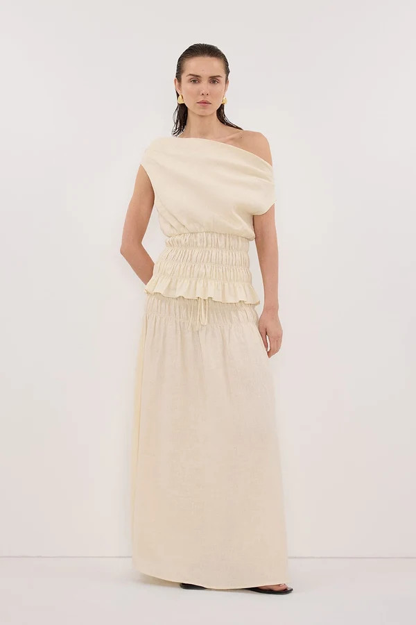 MAIA STRAW SLEEVELESS LINEN SHIRRED TOP | DISSH