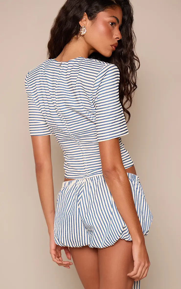 Navy Textured Stripe Structured T-Shirt Co-ord | PrettyLittleThing UK