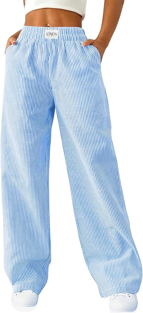 LOMON Women's Striped Gingham Boxer Pants Cotton Pajama Lounge Pj Casual Plaid Trousers Y2K Beach... | Amazon (US)