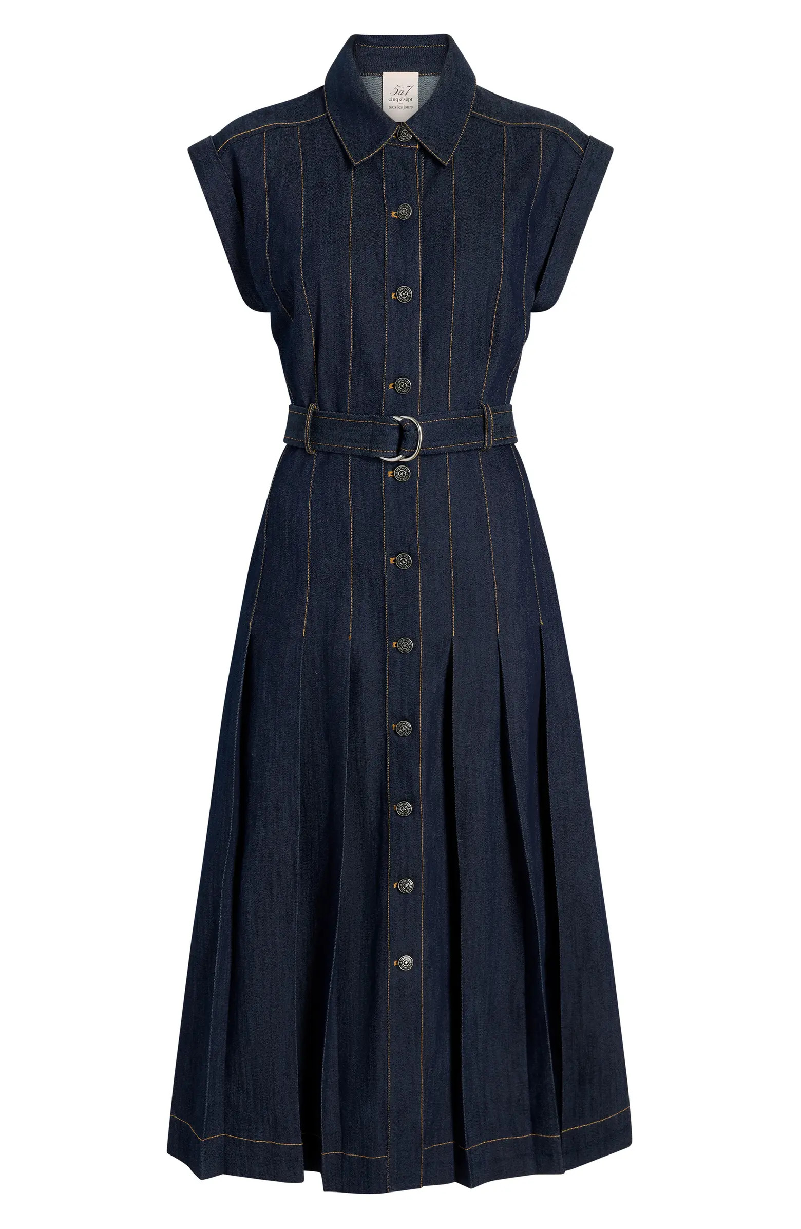 Karter Pleated Belted Denim Midi Dress | Nordstrom