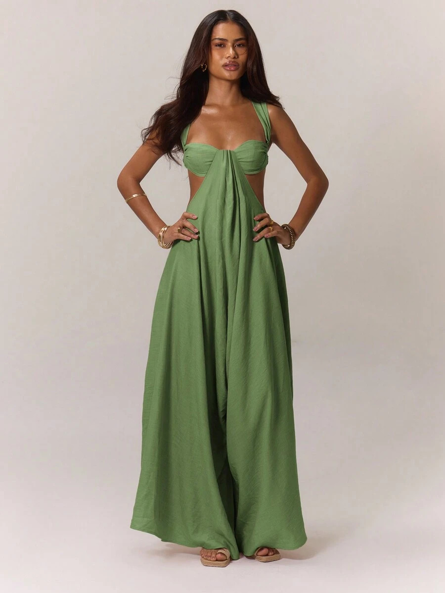 MUSERA Boho Ruched Bust Extreme Wide Leg Jumpsuit Summer Vacation | SHEIN
