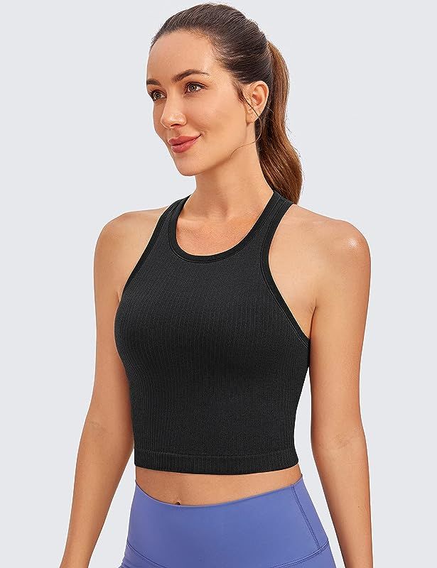 Womens Seamless Ribbed Longline High Neck Sports Bra - Racerback Padded Slim Fit Crop Tank Top with  | Amazon (US)