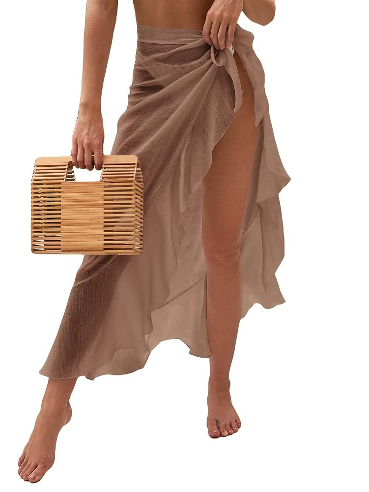 OYOANGLE Women's Mesh Sheer Swimsuit Cover Up Ruffle Tie Side Beach Sarong Wrap Long Skirt | Amazon (US)