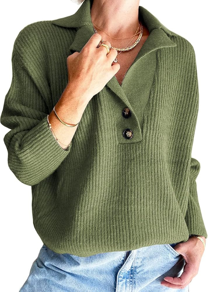 LILLUSORY Women's Snap-Buttons Foldover Collar Henley Knitted Pullover Sweater Tops | Amazon (US)