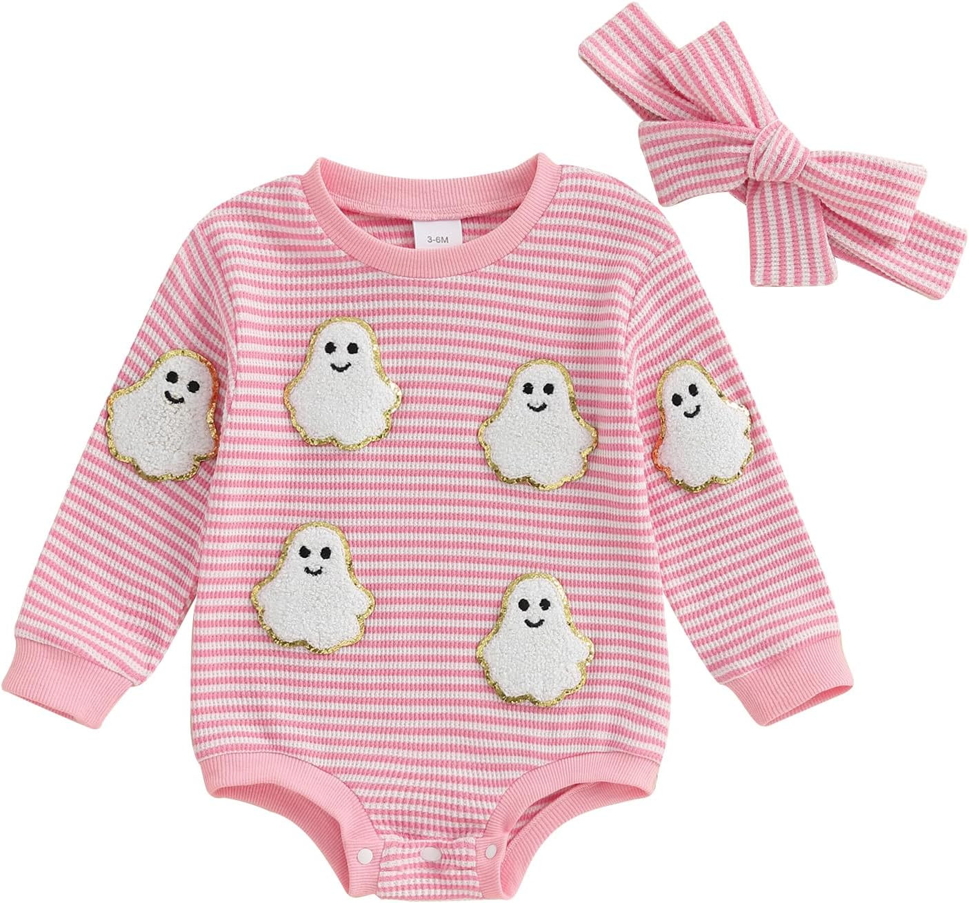 Baby Girl Halloween Romper Waffle Knit Long Sleeve Bodysuit Headband | Amazon (US)