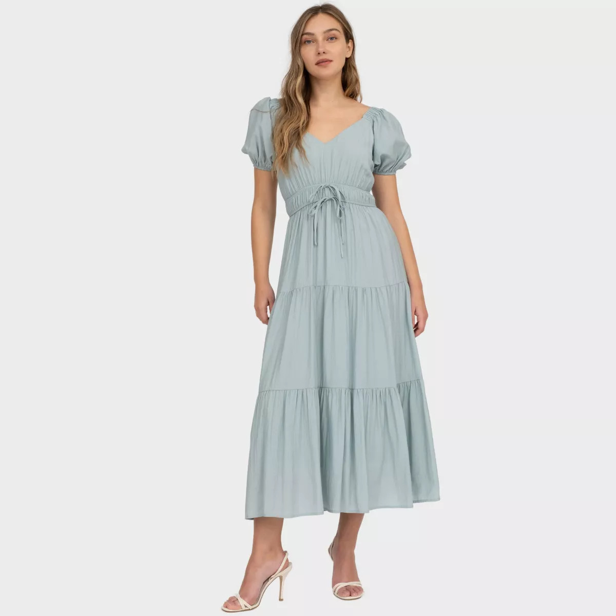 August Sky Women's V-Neck Mock Waist Ties Tiered Midi Dress, Khaki, Small | Target