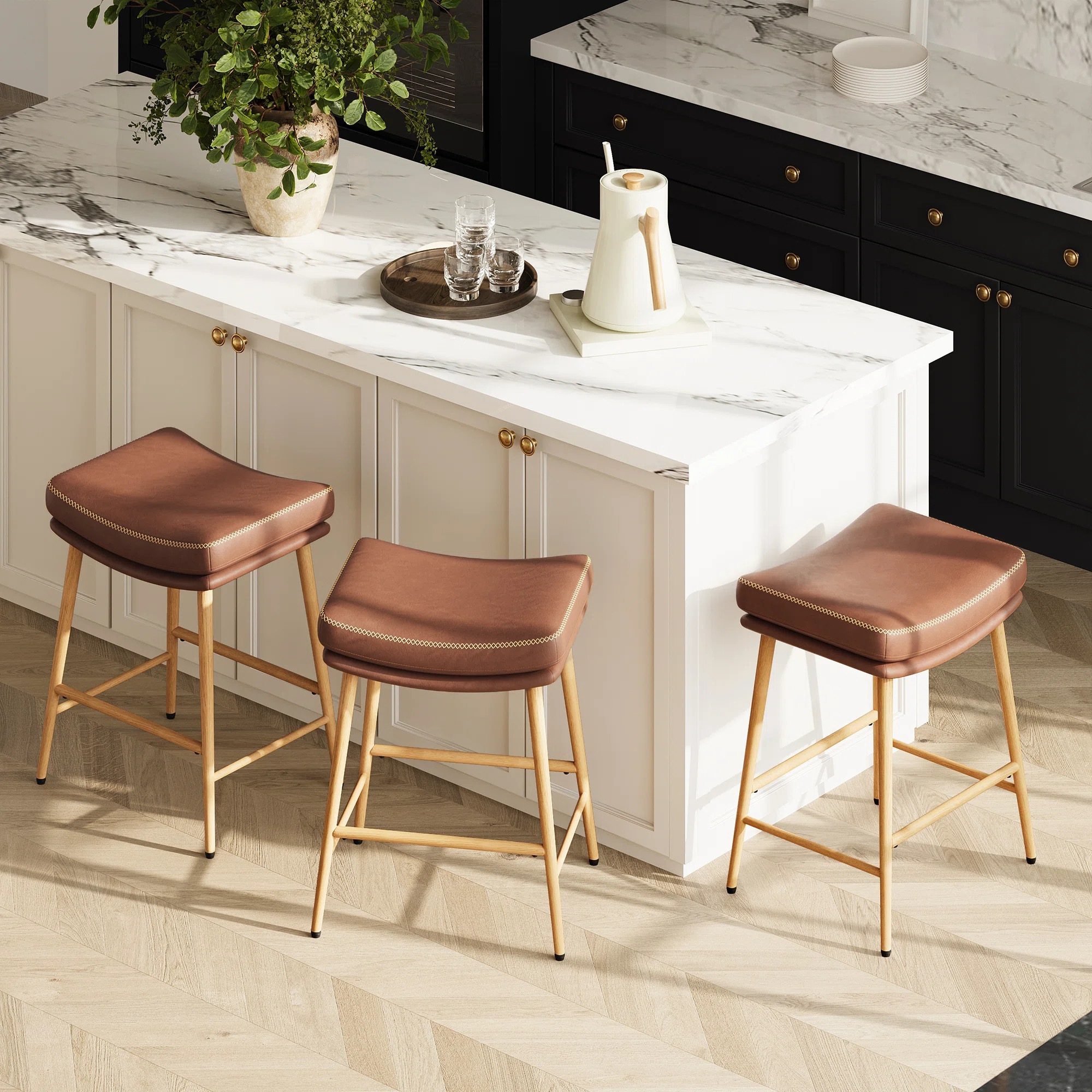 George Oliver Deering Upholstered Faux Leather Metal Frame Bar Stool with Stitched Detail & Revie... | Wayfair North America