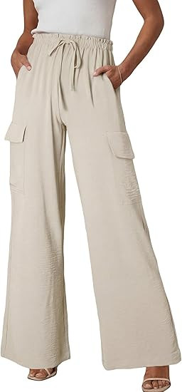 EVALESS Women Wide Leg Cargo Pants Summer Casual Drawstring Waist Lounge Trousers 2026 Beach Vaca... | Amazon (US)