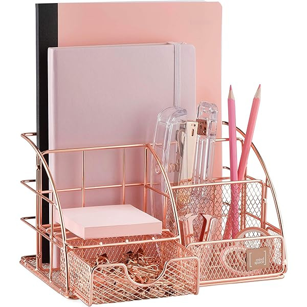 Rose Gold Cute Desktop Organizer, Rose Gold Office Supplies Organizer, Metal Mesh Desk Organizer wit | Amazon (US)