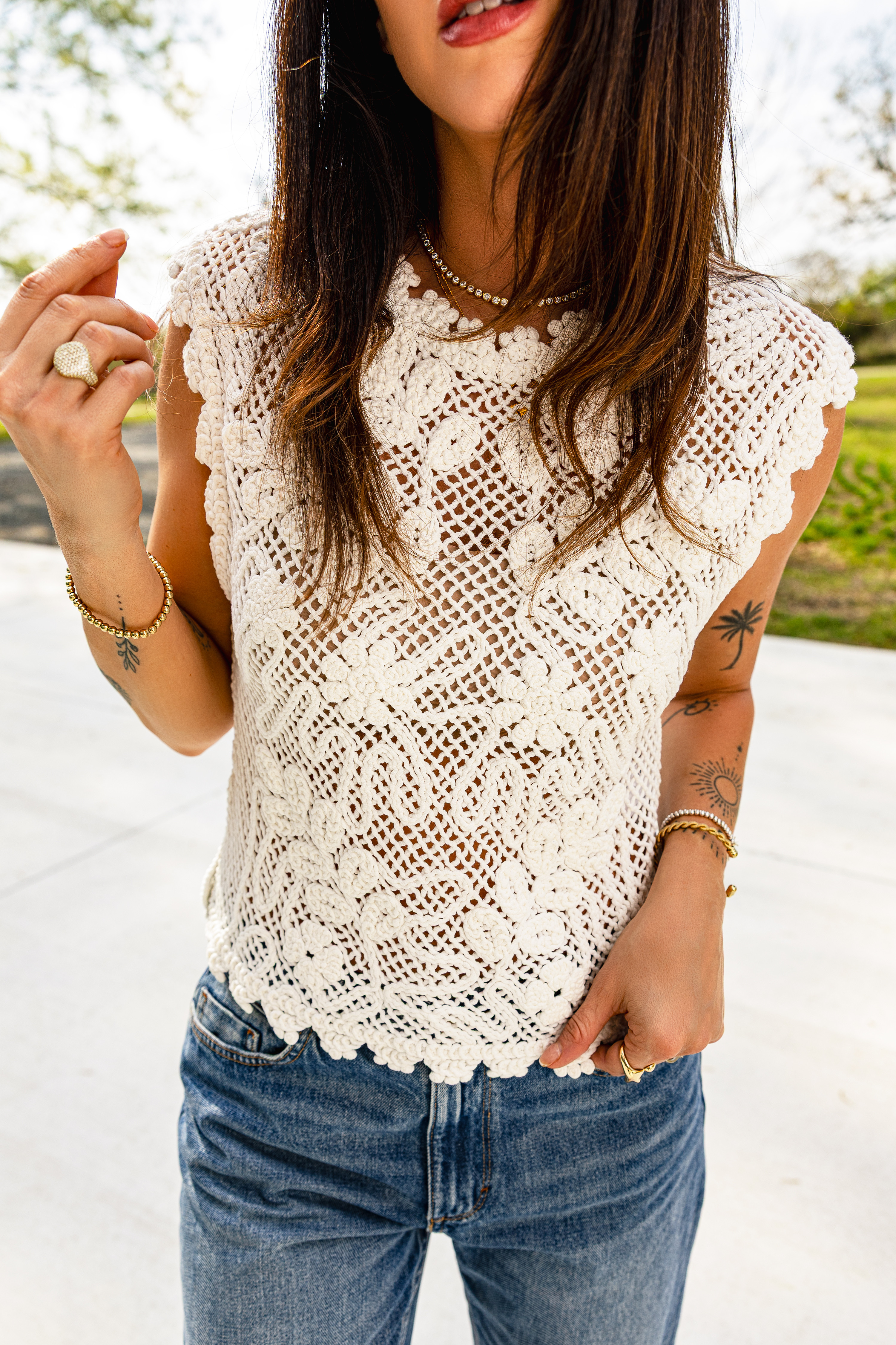 This crochet detail top is gorgeous and even has some stretch to it! Very comfortable. I’m wearing the small 

#LTKootd #LTKgrwm