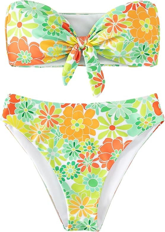Cozyease Women's 2 Piece Floral Print Knot Front Bandeau Swimsuit High Waist Bikini Set Wireless ... | Amazon (US)