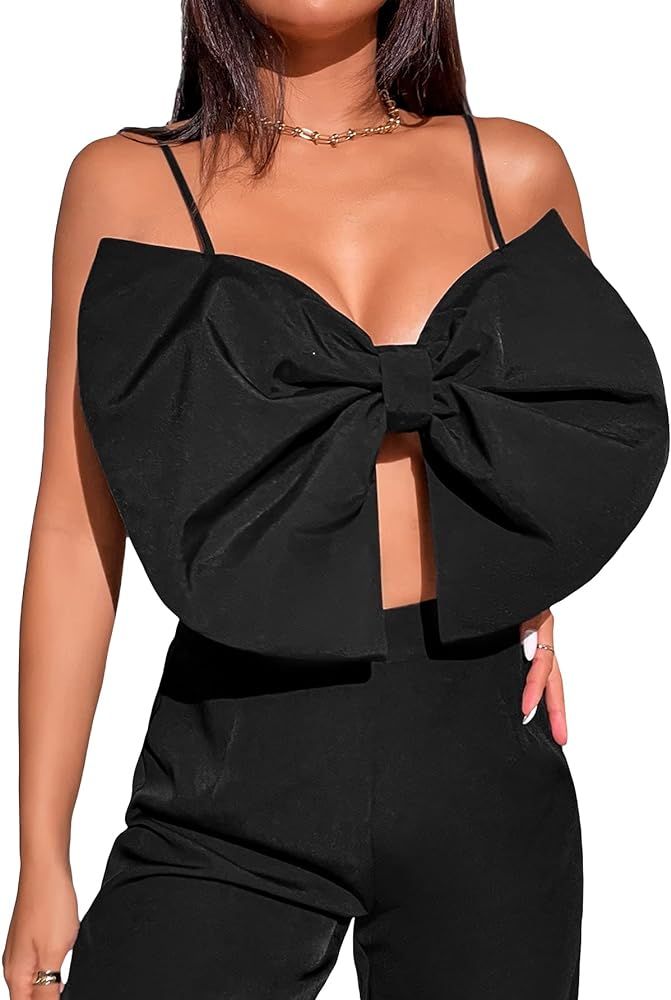WDIRARA Women's Bow Knot Front Spaghetti Strap Zip Back Crop Cami Top Sexy Camisole | Amazon (US)