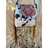 Cowhide Bag, Myra Fringe Crossbody, Hand-Tooled Leather Fringe, Shoulder Western Purse, Upcycled Canvas Handbag | Etsy (US)
