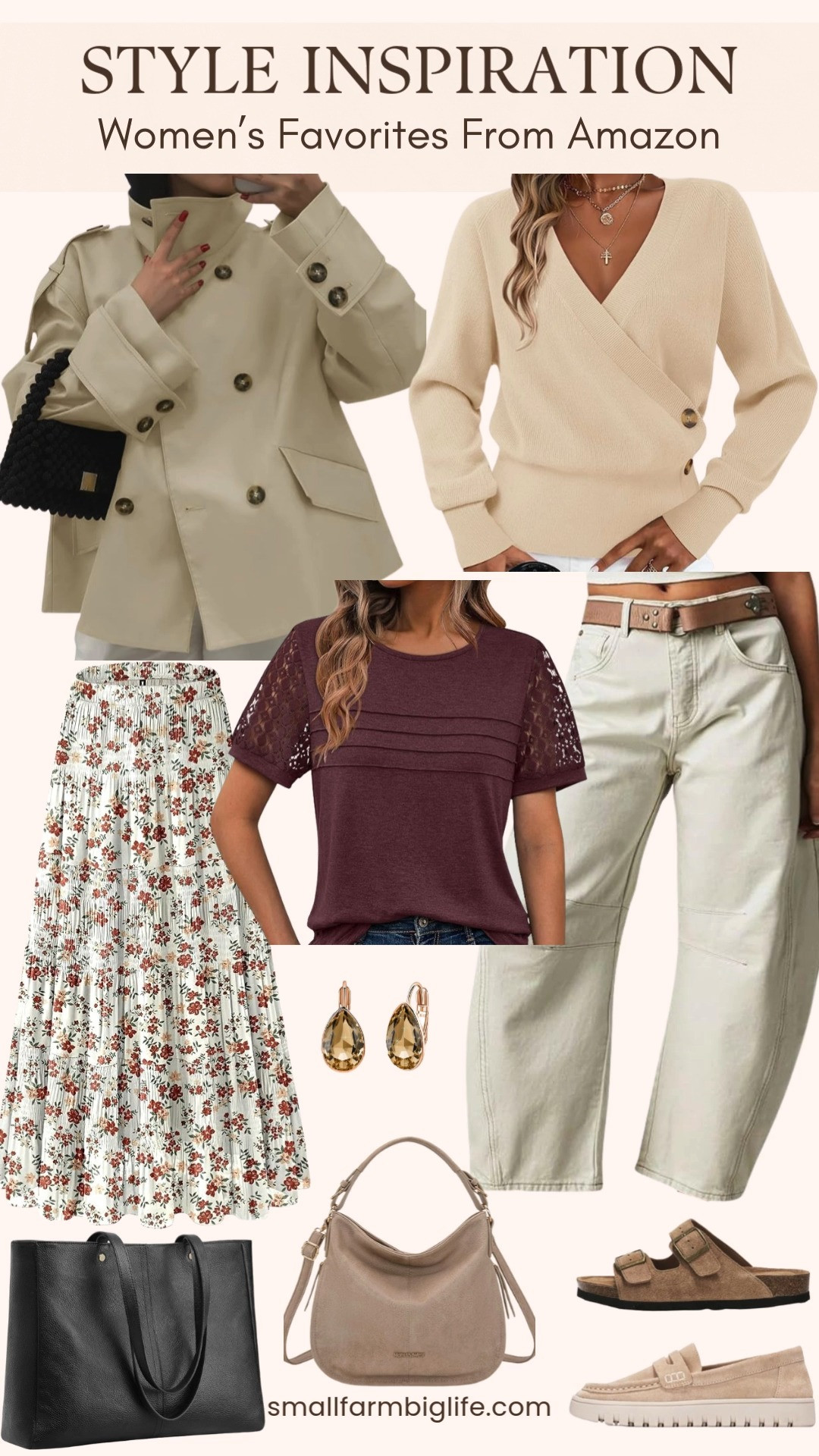 These Amazon finds are all about easy, everyday pieces that feel elevated and effortless. From a beige v-neck side button sweater and cropped trench coat to off-white barrel jeans, a flowy floral maxi skirt, and classic leather accessories, these staples mix and match beautifully for work, weekends, and everything in between. Save this for neutral outfit inspiration you’ll reach for season after season ✨ 

 #LTKgrwm #LTKootd #LTKOver40