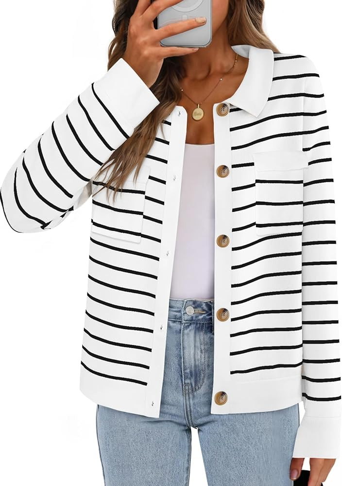 MEROKEETY Women's 2024 Fall Knit Striped Long Sleeve Sweater Open Front Button Down Cardigan | Amazon (US)