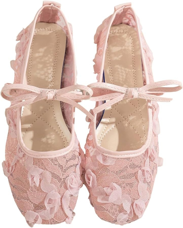 OYOANGLE Women's Floral Lace Mesh Ballet Flats Comfortable Dressy Square Closed Toe Bow Dress Sho... | Amazon (US)