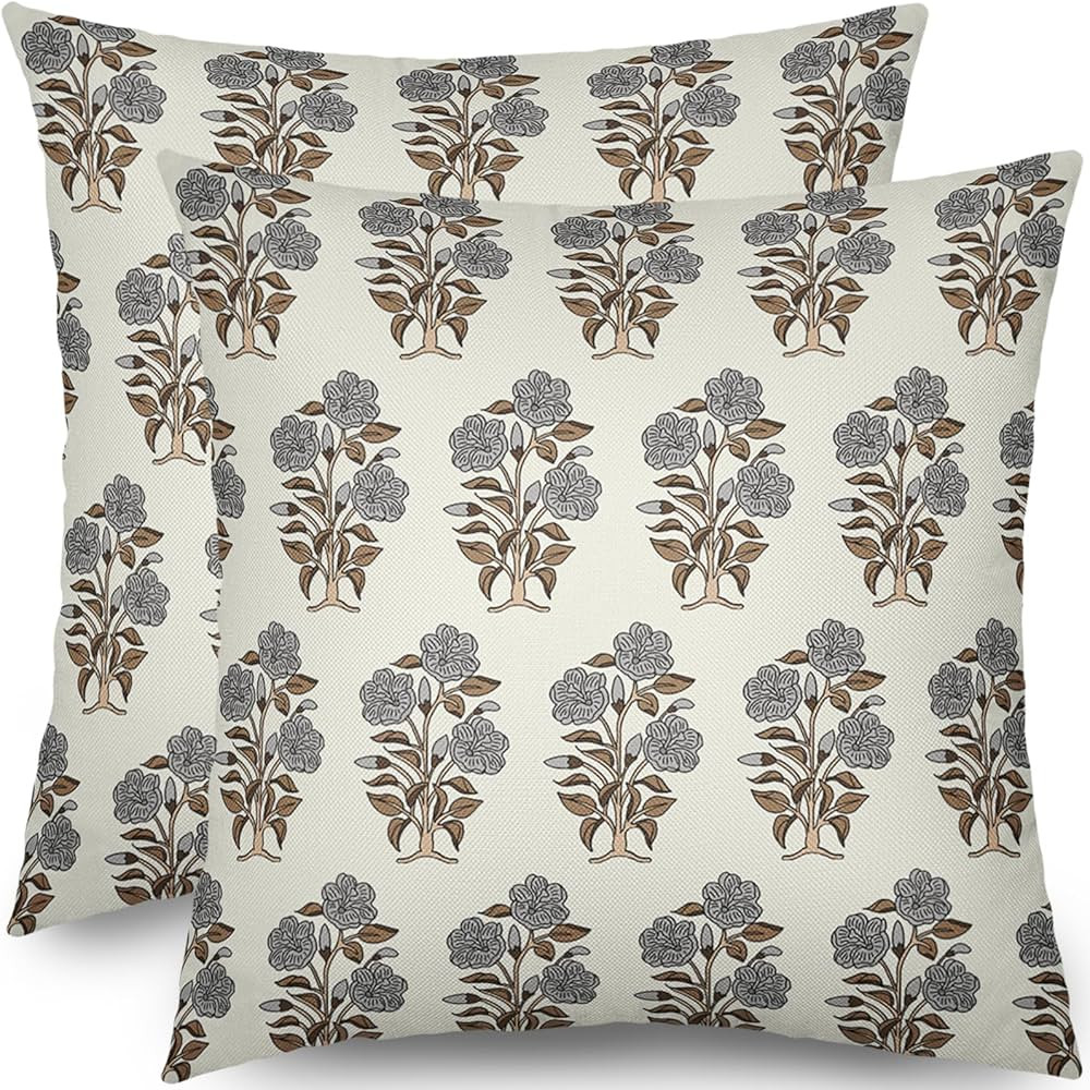 Brown Grey Floral Block Print Pillow Covers 18x18 Set of 2 Chinoiserie Flower Leaves Outdoor Deco... | Amazon (US)