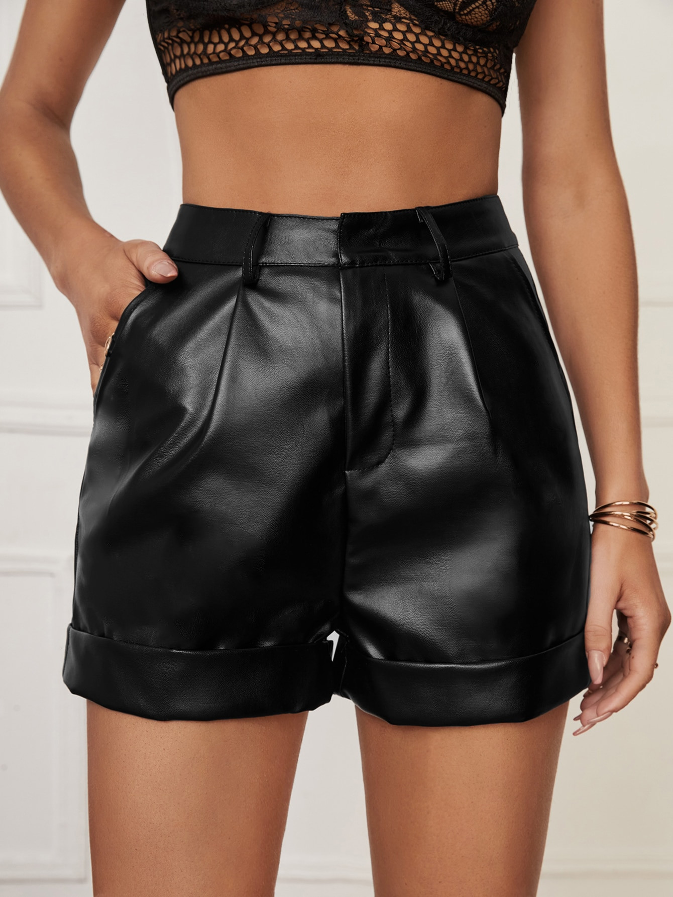 SHEIN X Luisa Sonza SHEIN Tall Roll Hem Plicated Detail PU Shorts | SHEIN