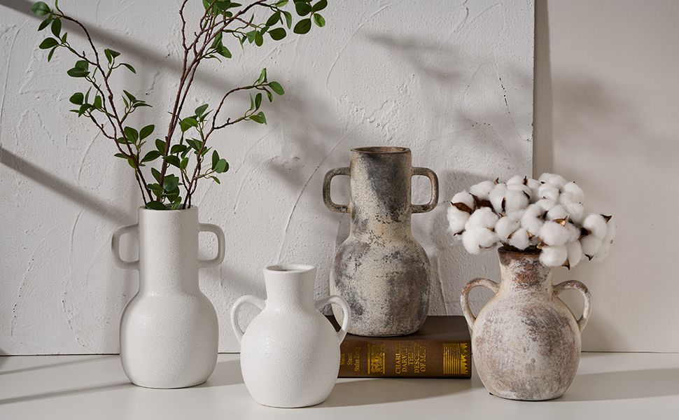 SIDUCAL Ceramic White Vase with 2 Handles, Modern Farmhouse Vase for Home Decor, Decorative Pampa... | Amazon (US)