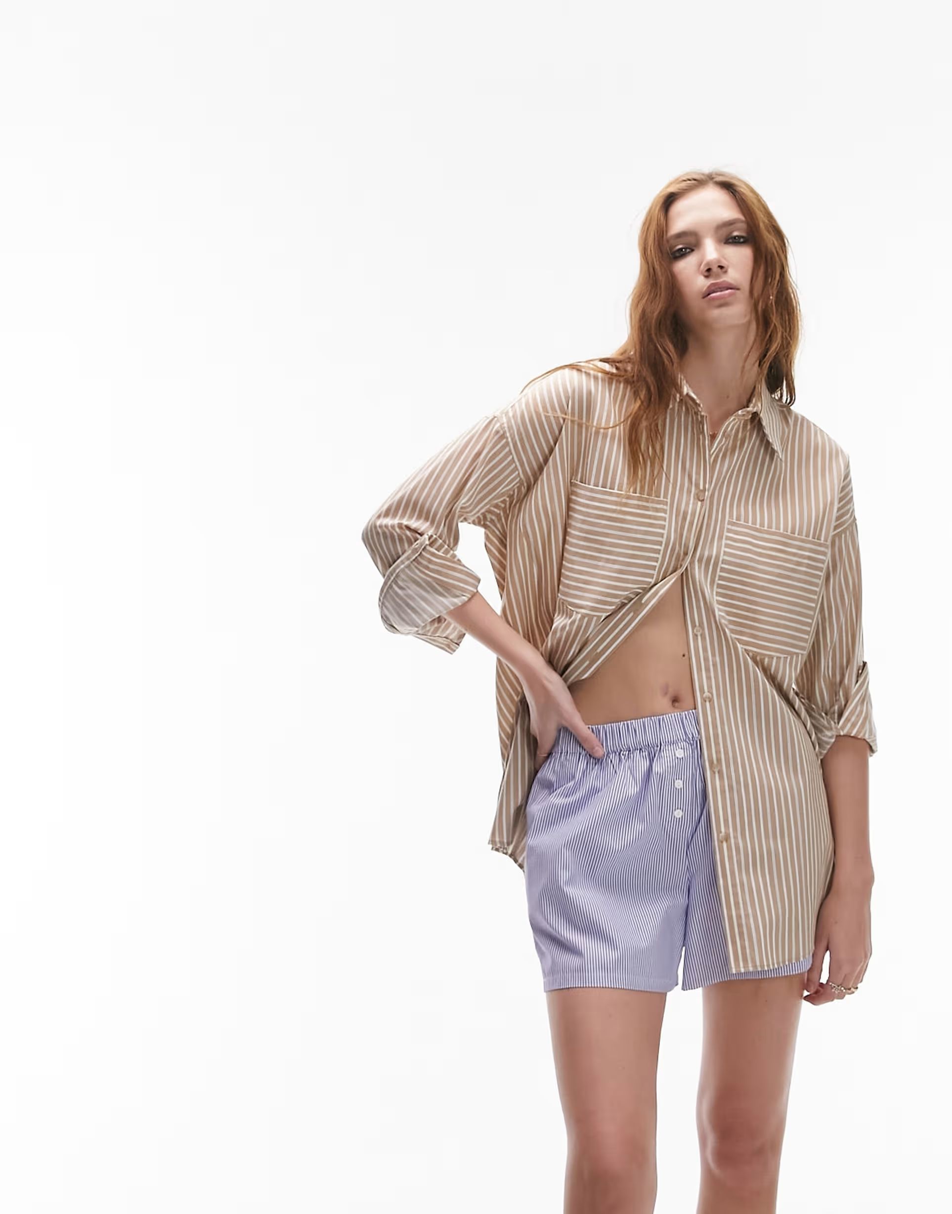 Topshop stripe oversized shirt in tan | ASOS (Global)