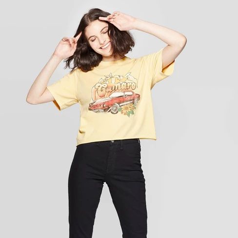 Women's Short Sleeve Camaro Cropped Graphic T-Shirt - Mighty Fine (Juniors') - Cream Wash | Target