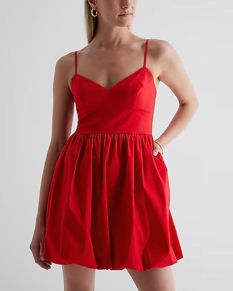 V-Neck Poplin Mini Bubble Dress | Express