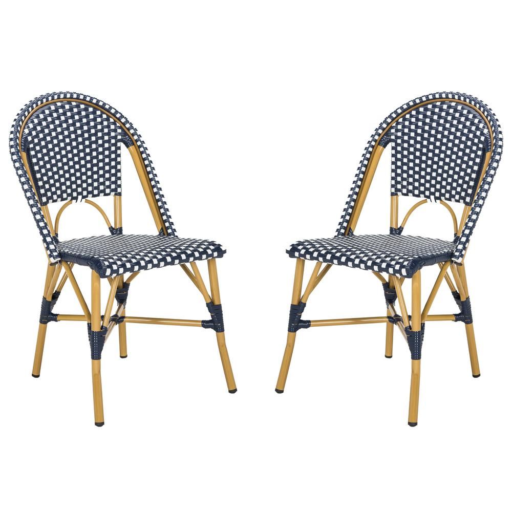 Safavieh Salcha Navy/White Stackable Aluminum/Wicker Outdoor Dining Chair (2-Pack) | The Home Depot