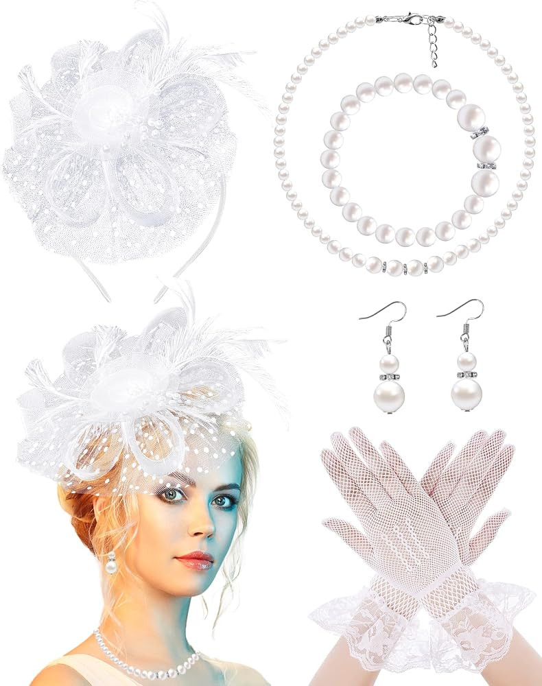 5 Pack Fascinators Hat for Women Tea Party Veil Mesh Headband Feather Derby Hat Lace Gloves Pearl... | Amazon (US)
