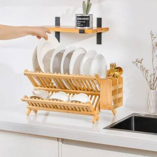 2-Tier Natural Wood Standing Dish Rack with Utensil Holder for Kitchen | The Home Depot