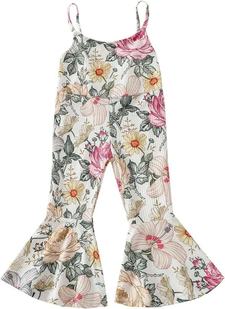 Amazon.com: Toddler Girl Bell Bottom Romper Baby Floral One Piece Ribbed Cotton Jumpsuit Flare Pa... | Amazon (US)